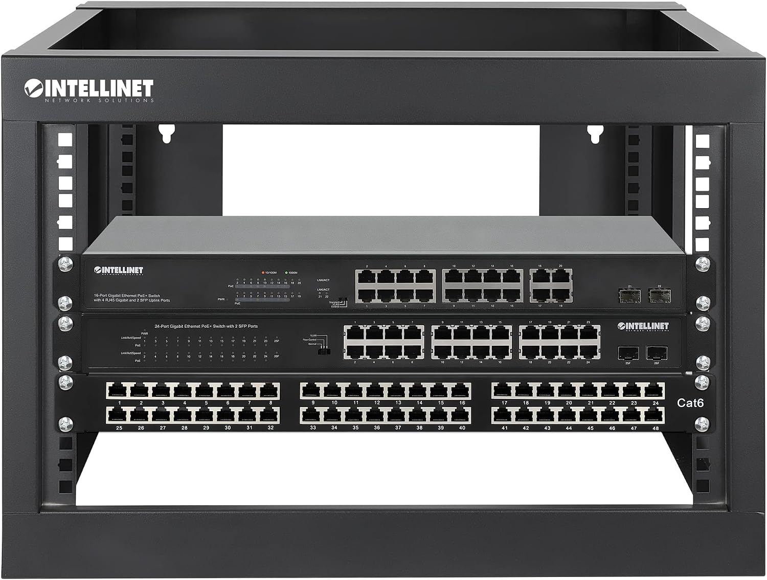 Intellinet 6U 19' 4 Post Open Frame Wall Mount Rack - 180 Degree Gate Swing, Pre-Assembled, Antistatic Powder Coated Steel – for IT Network Equipment & AV Devices – 3 Yr Mfg Warranty – 716031