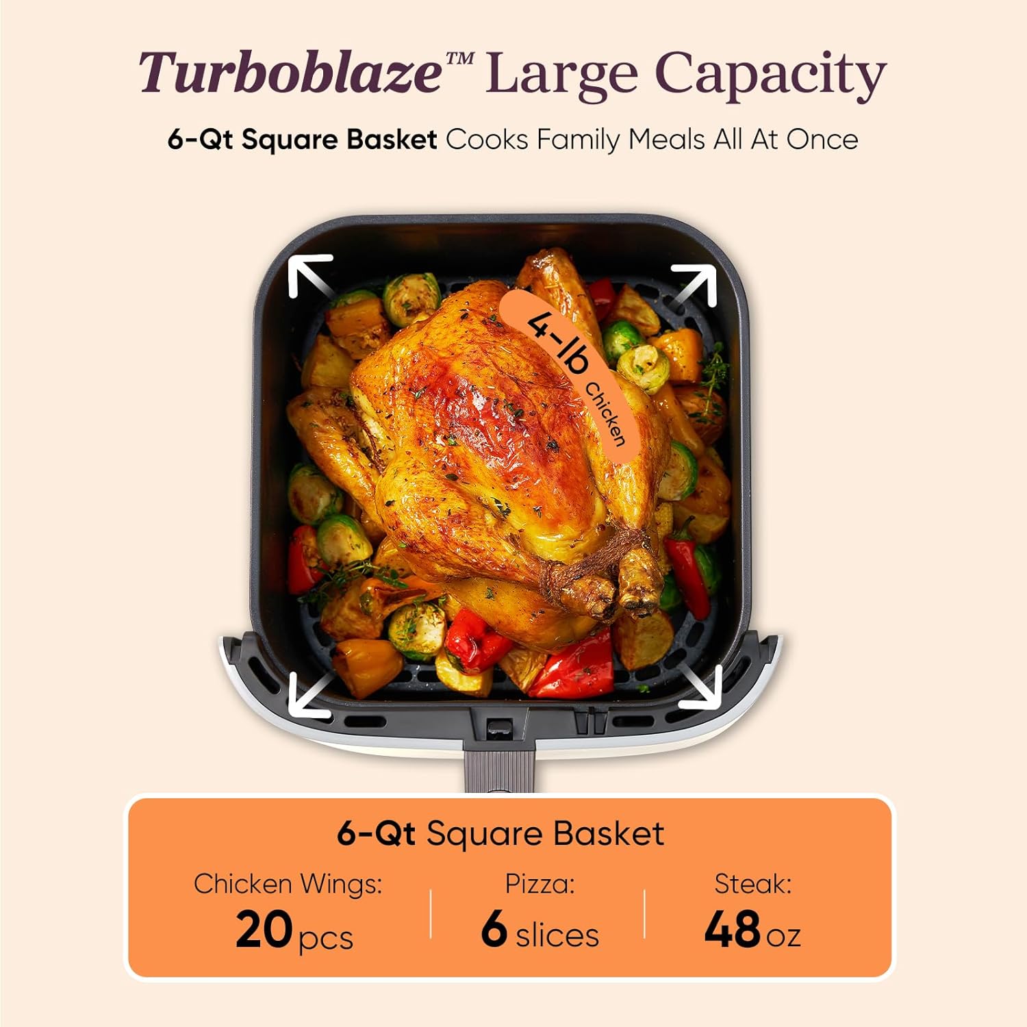 Cosori 9-in-1 TurboBlaze Air Fryer 6 Qt, Smart Control, 90°–450°F, Shake Reminders, Precise Heating for Even Results, Air Fry, Roast, Bake, Broil, Dry, Frozen, Proof, Reheat, Keep Warm, 120V, Cream