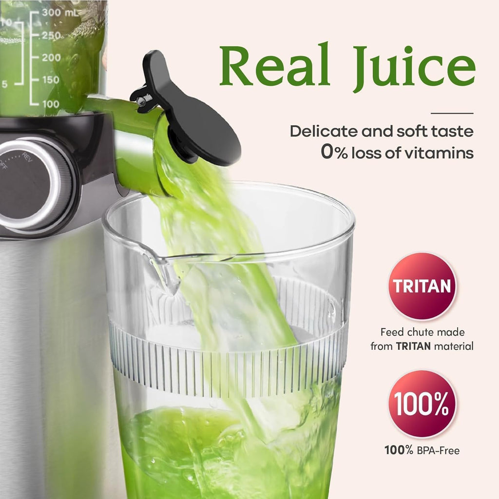 Anybear Cold Press Juicer, 200W Masticating Slow Juicer 4.3' Large Feed Chute Fit Whole Fruits Vegetables | Upgraded Auger | Tritan Material | BPA Free | Juice Recipes (Light Gray)