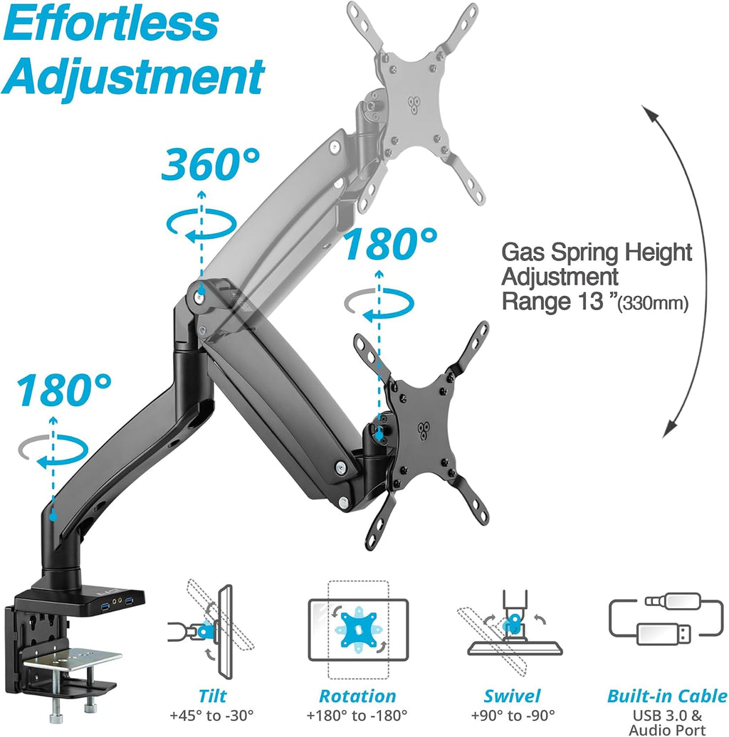 AVLT Single 17'-49' Super Ultrawide Monitor Arm Desk Mount for Screens up to 50 lbs, Premium Aluminum Stand, Adjustable Pneumatic Height, Full Motion Swivel Tilt Rotation, USB 3.0 & AUX Ports, Black