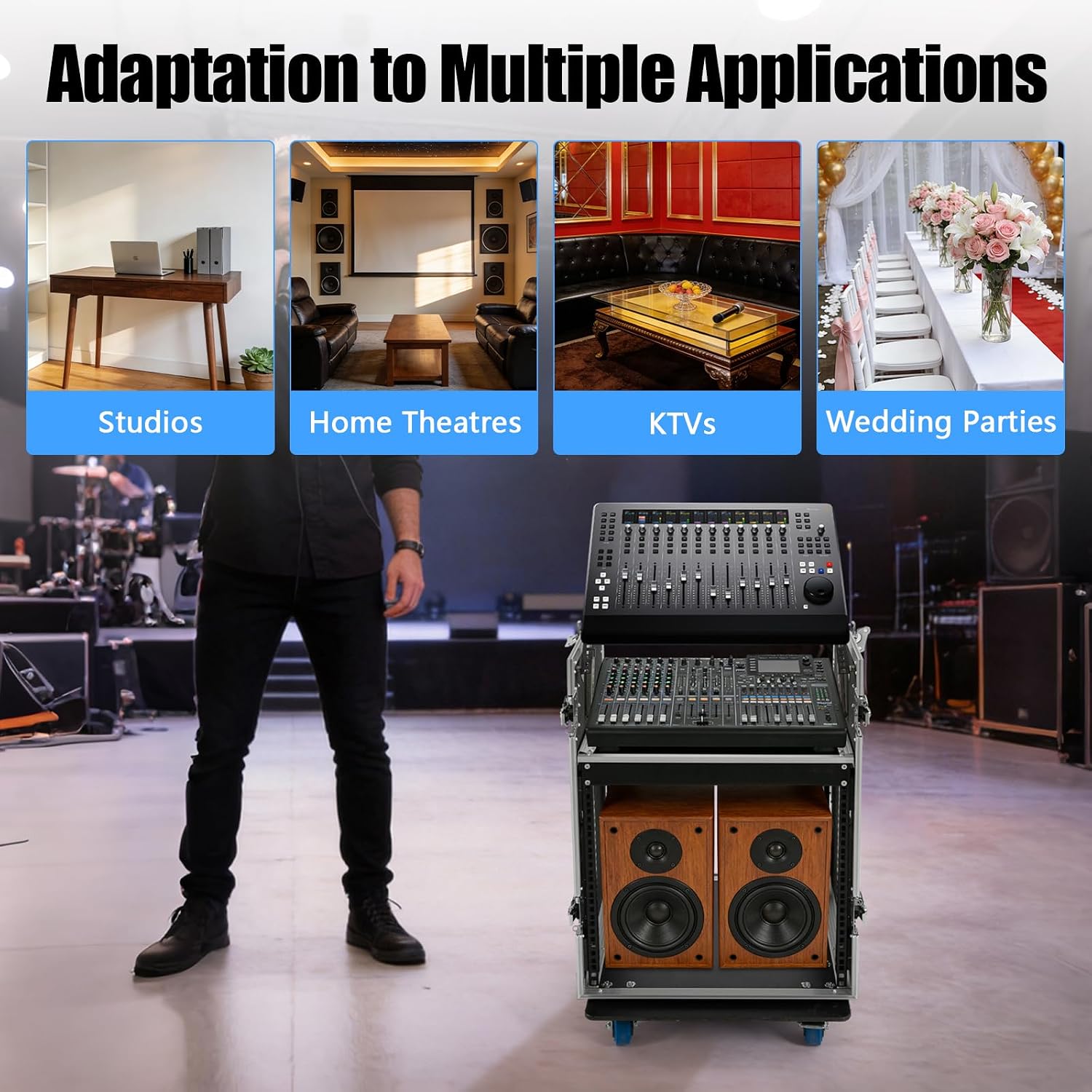 PA DJ Rack Case, 10U PA DJ Cabinet Heavy Duty Mobile Studio Equipment Cabinet with 4 Wheels Removable Design Network & Stereo Rack Component Rack Cabinet Recording Studio Racks for Storing