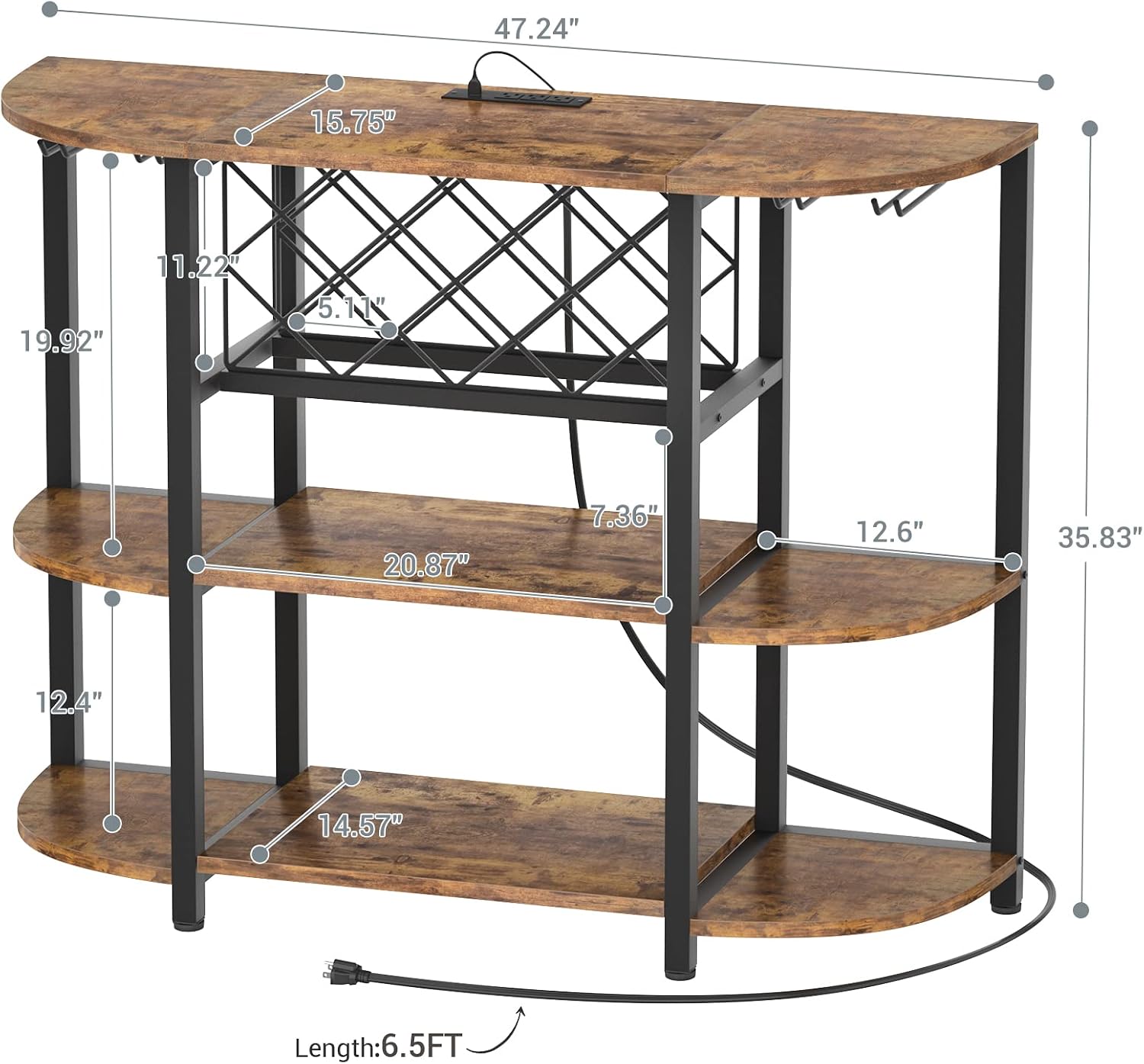 Unikito Wine Rack Table with Socket and LED Light, Floor Bar Cabinet for Liquor and Glasses, Wood Coffee Bar Table with Adjustable Wine Rack, FreeStanding Sideboard and Buffet Cabinet, Rustic