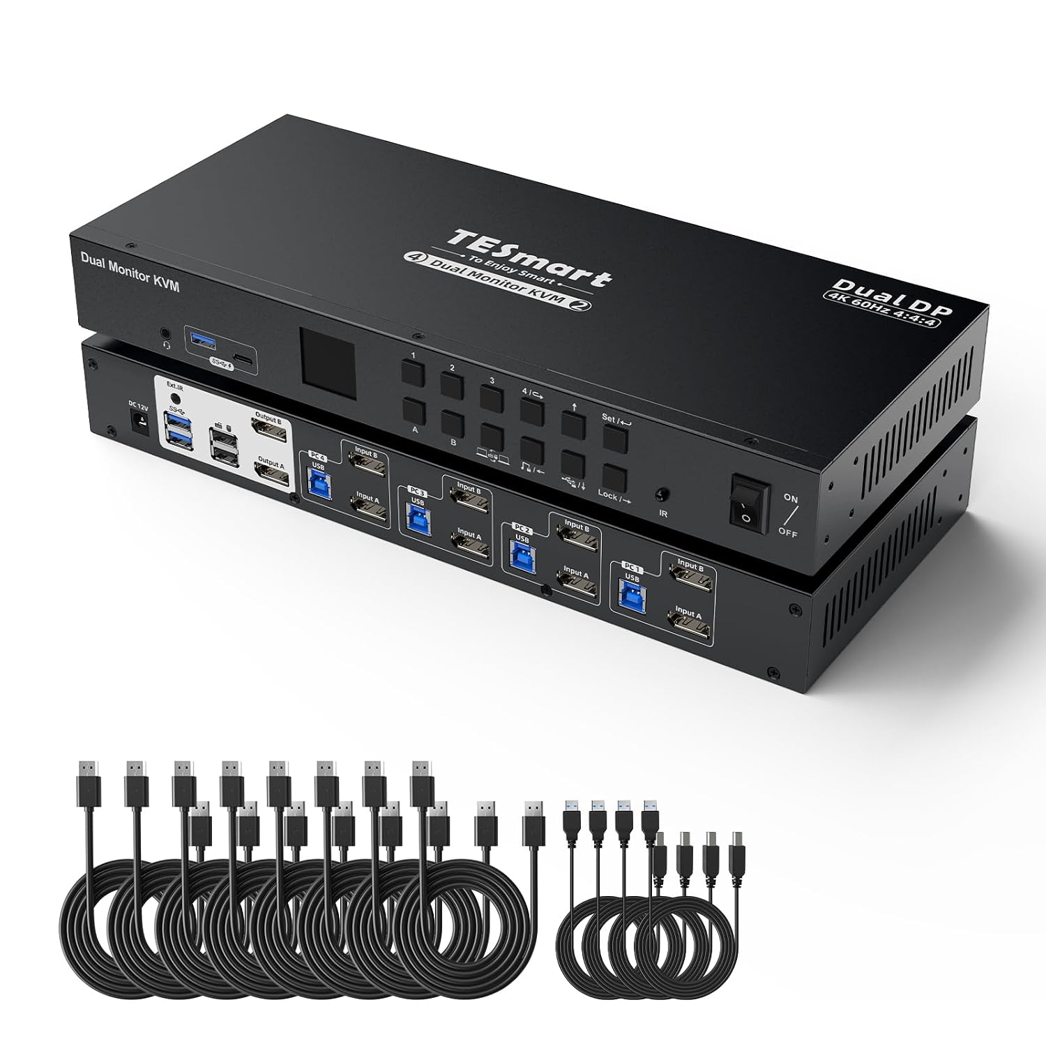 TESmart 4 Port KVM Switch Dual Monitor DisplayPort, Support 4K@60Hz USB 3.0 KVM Switch 4 Computers 2 Monitors, EDID emulators, Audio Output, Hotkey Switch, with All Input Cables