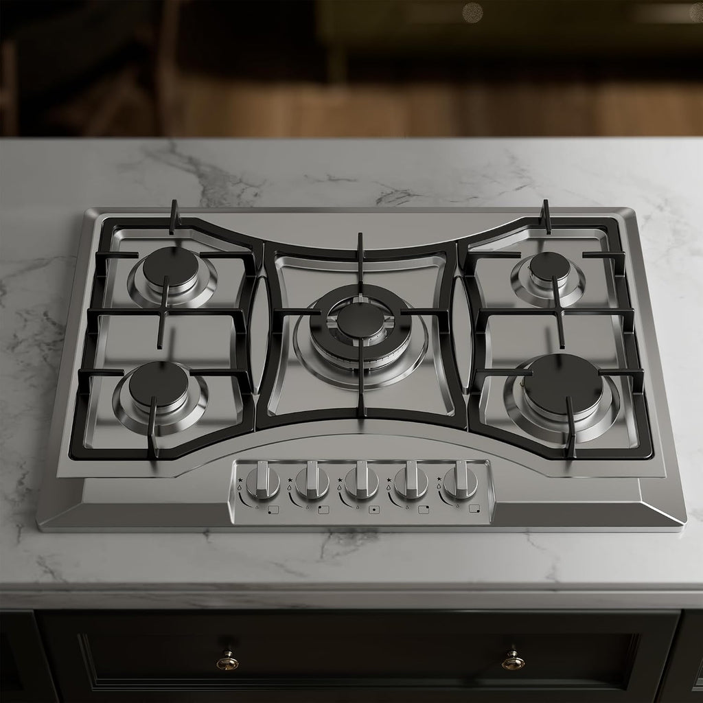 30 inch Drop-in Gas Cooktop with 5 Sealed Burners, Stainless Steel Stovetop, Dishwasher Safe Cast Iron Grates, NG/LPG Convertible, 38K BTU
