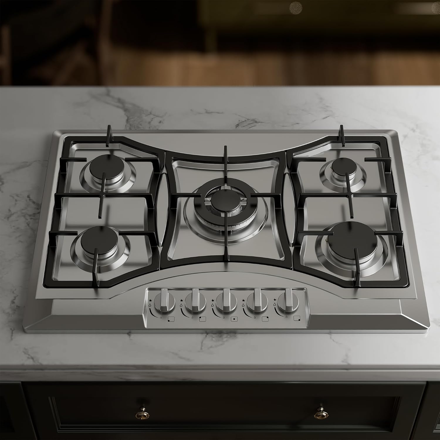 30 inch Drop-in Gas Cooktop with 5 Sealed Burners, Stainless Steel Stovetop, Dishwasher Safe Cast Iron Grates, NG/LPG Convertible, 38K BTU