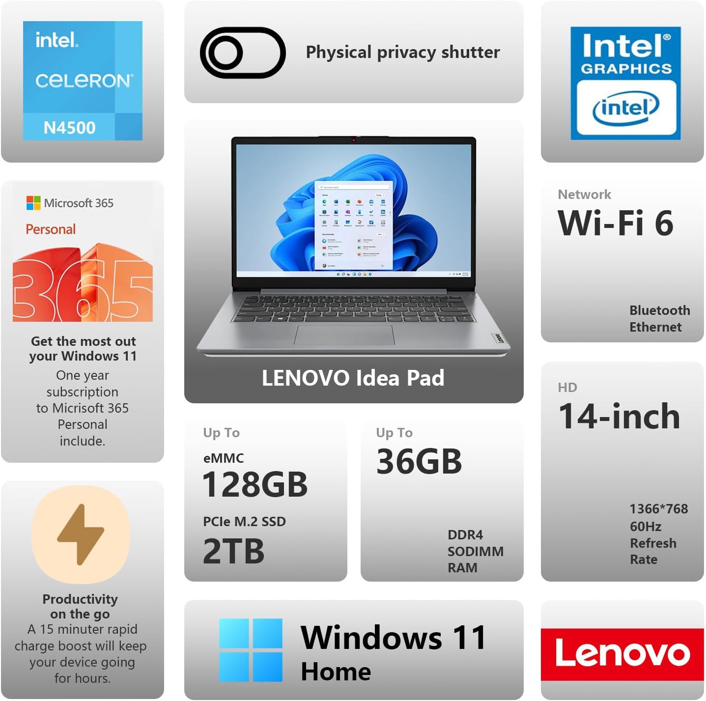 Lenovo IdeaPad 1 Daily/Student 14' HD Laptop, 12GB RAM, 448GB Storage(128GB eMMC + 256GB PCIe + 64GB USB), 1 Yr Office 365, Intel Core Processor, Win 11 Home, Bundle with UC310 64GB USB Flash Drive