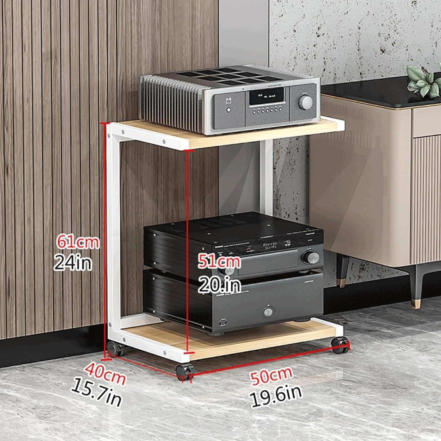 Audio Rack 2/3 Tier Stereo Rack Audio Equipment Rack Audio Stereo Shelf Wooden Open Audio-Video Shelving with 360° Swivel Wheels(Nero,61cm)