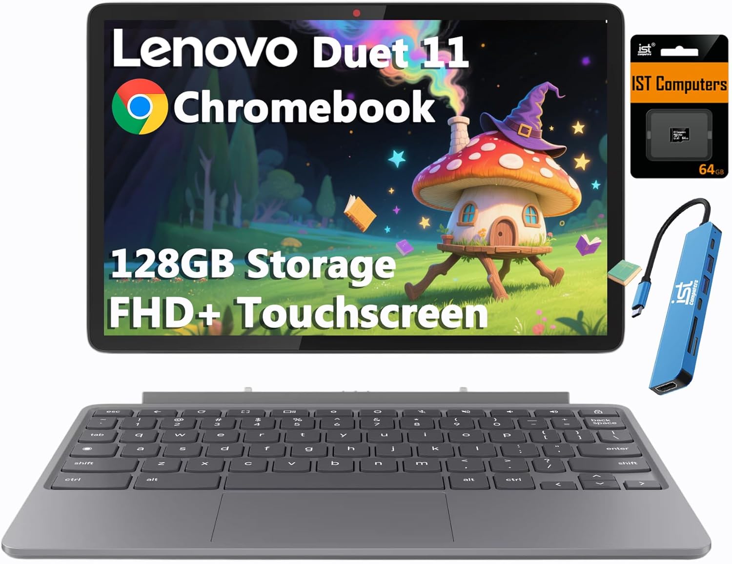 Lenovo Chromebook Duet Gen 9 11' FHD+ 2-in-1 Touchscreen Tablet Laptop (8-Core MediaTek Kompanio 838, 4GB, 128GB Storage (64GB+64GB SD), Detachable Keyboard) 8MP Webcam, IST HUB, Wi-Fi 6, Chrome OS