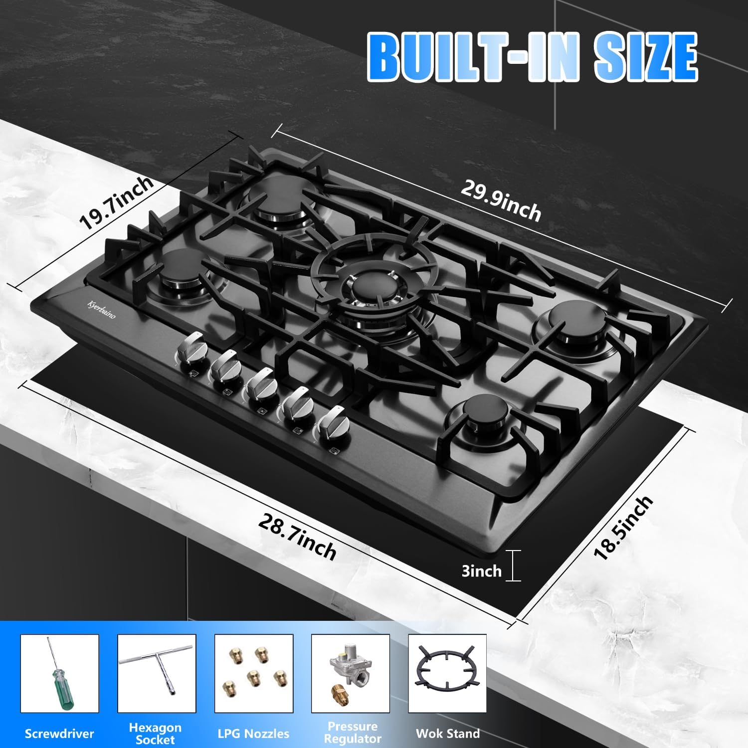 Gas Cooktop 30 Inch, Built-in 5 Burners Gas Stovetop Stainless Steel LPG/NG Convertible Gas Stove Dual Fuel Sealed Gas Cooktop - Black