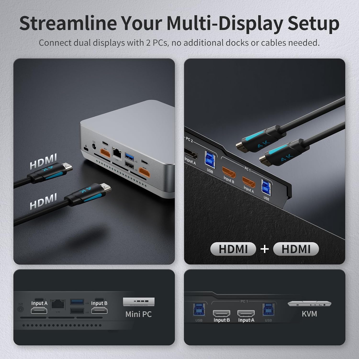 TESmart USB 3.0 HDMI KVM Switch 2 Monitors 2 Computers 4K@60Hz, Dual Monitor KVM Switch HDMI 2 Port Extended Display, Audio&Microphone, EDID Emulators, Button Switch with Input Cables,Hotkey Switch