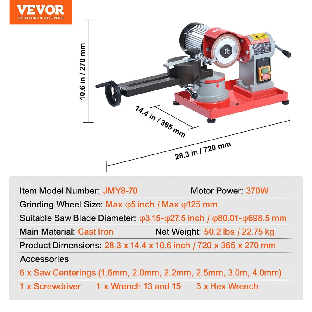 VEVOR Circular Saw Blade Sharpener, 370W 3600RPM Rotary Angle Mill Grinder, Saw Blade Grinding Sharpening Machine with 6 Saw Centerings, 5-inch Grinding Wheel for Carbide Tipped Saw Blades
