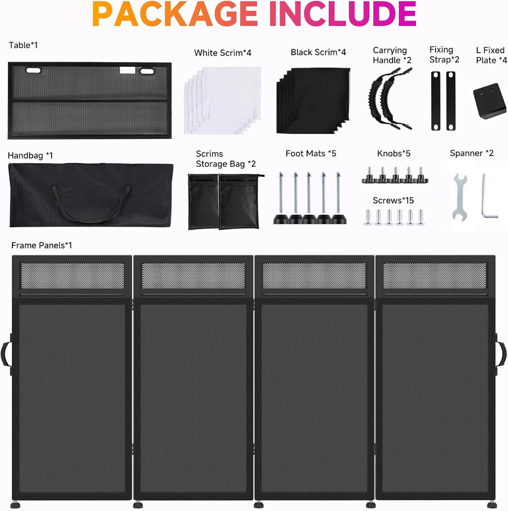 VallisCo DJ Facade Booth Table 40' x 20' - Portable Detachable DJ Booth Table Station with Computer Bracket Surface & Cable Hole, Foldable DJ Table Includes Black/White Scrims & Carry Bag for Party