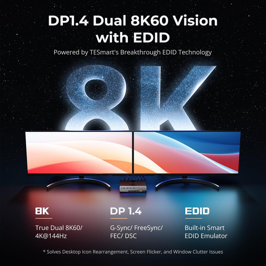 TESmart 8K@60Hz DP KVM Switch 2 Monitors 2 Computers EDID, DP 1.4 KVM Switch Dual Monitor 4K@144Hz for Gaming Dock, Support USB3.0, Gigabit Network, Hotkey Switch, Audio & Mic with All Input Cables
