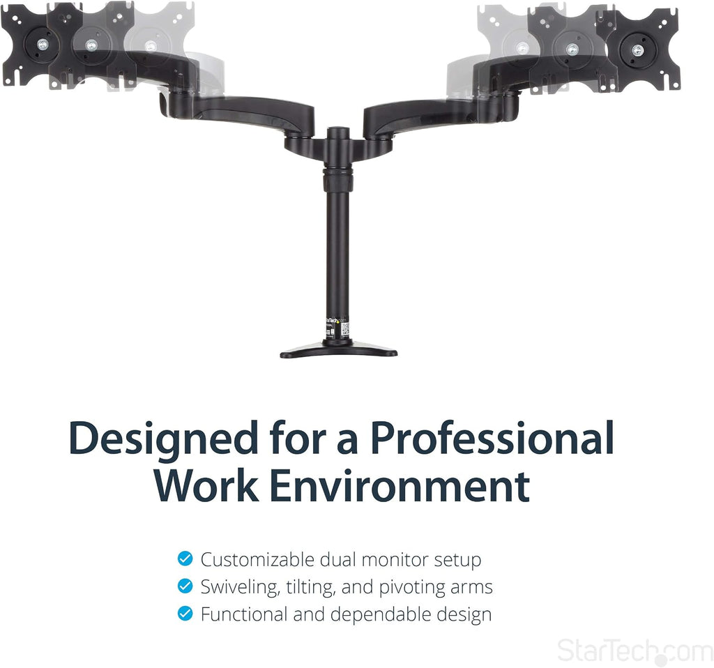 StarTech.com Desk Mount Dual Monitor Arm - Articulating - Supports Monitors 12'' to 24' (29.9lb/13.6kg) - Adjustable VESA Monitor Arm - Grommet or Desk Mount - Black (ARMDUAL)