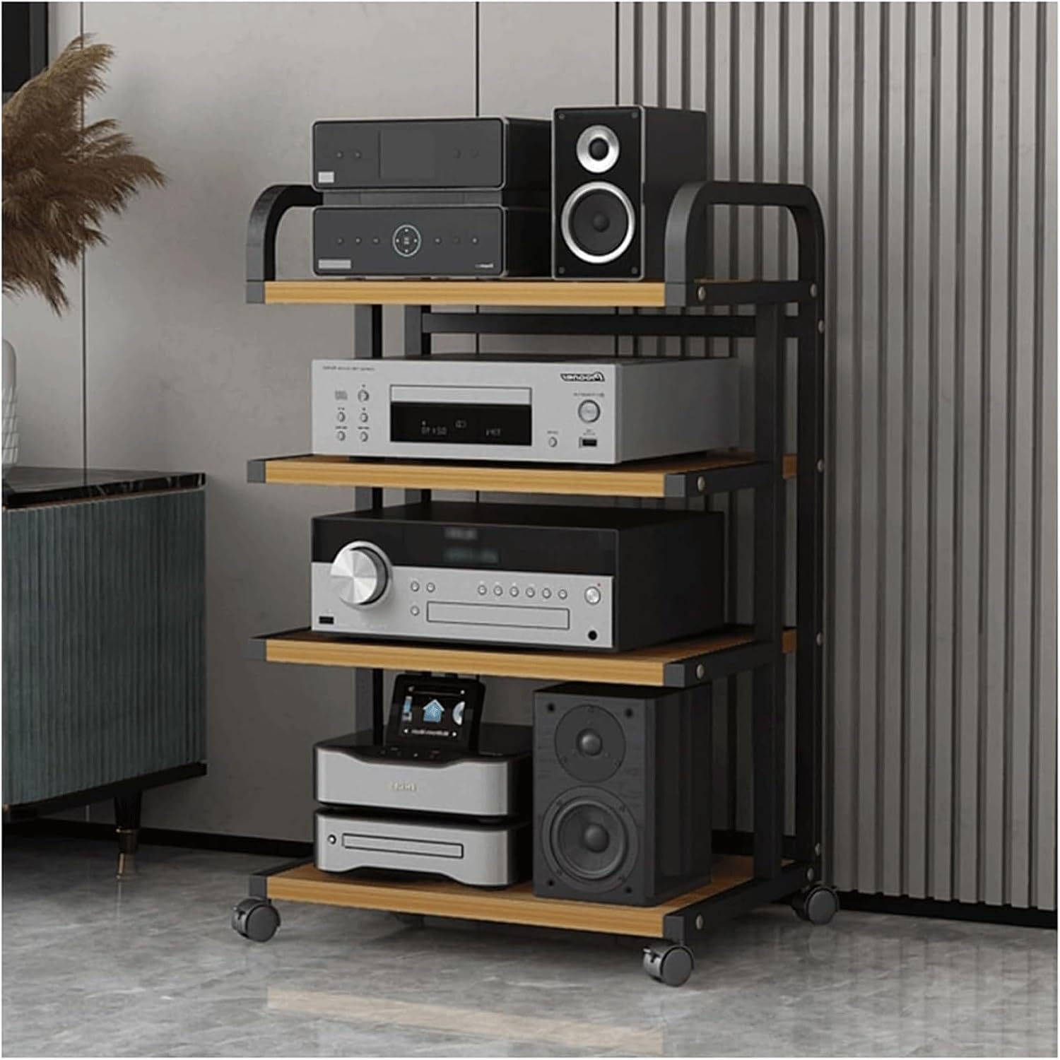 Audio Rack Movable Stereo Rack Audio Equipment Rack Audio with Wheels Stereo Shelf Wooden Open Audio-Video Shelving Waterproof(Natural,4 Tier)