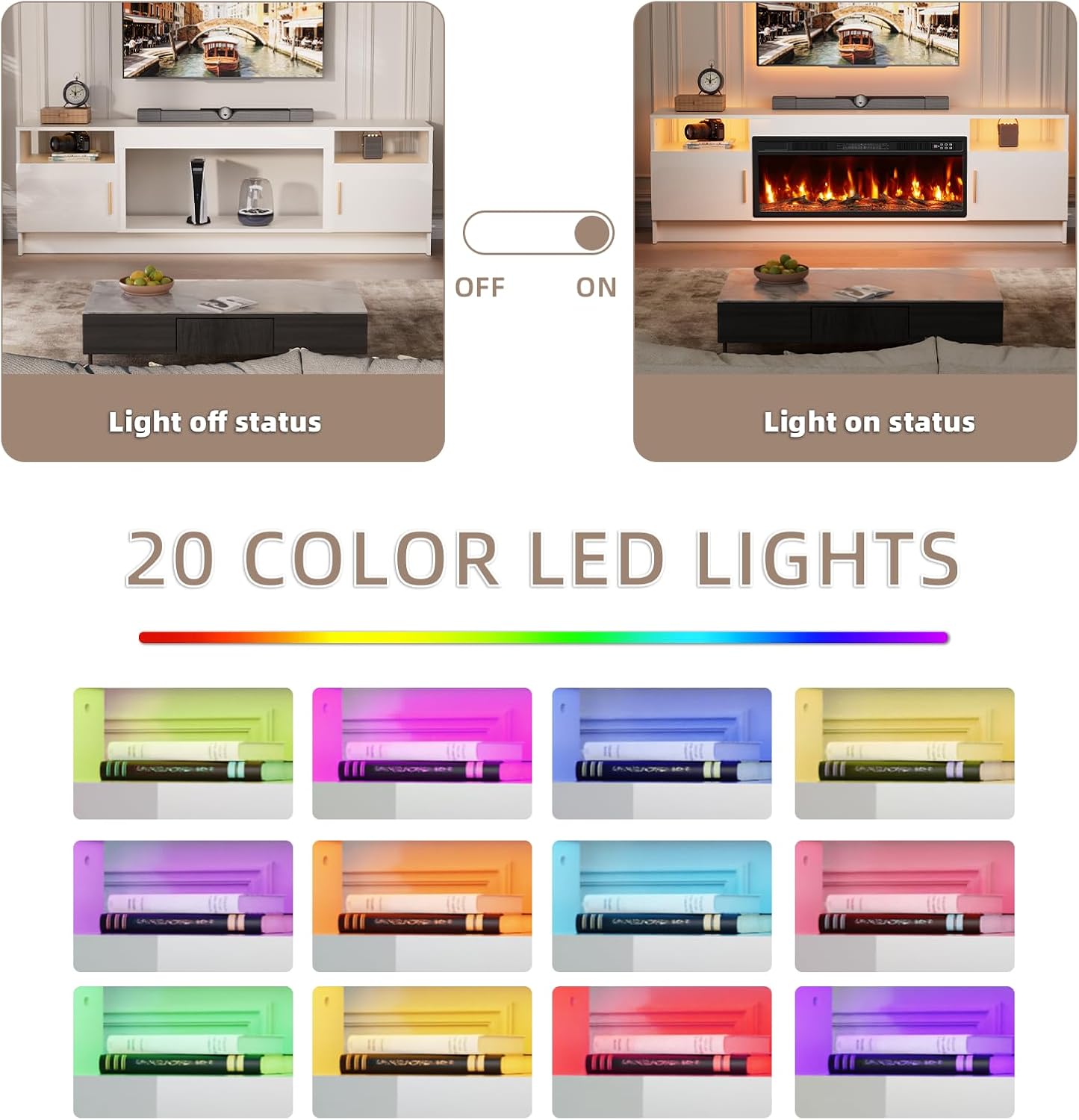 EAG 70' Electric Fireplace TV Stand with 36 inch Fireplace Up to 80' TVs, Entertainment Center with with Storage Cabinet & LED Lights, Modern Media Console for Living Room, White