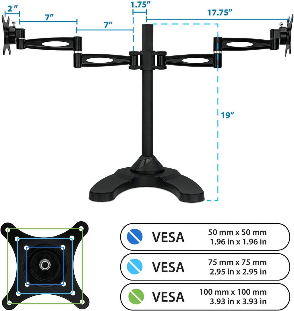 Mount-It! Dual Monitor Stand for Desk, Adjustable Monitor Stand for 2 Screens up to 27', 22 lbs Each, VESA 75x75 100x100, Full Motion Arms, Free Standing Base or Grommet Mount, MI-792