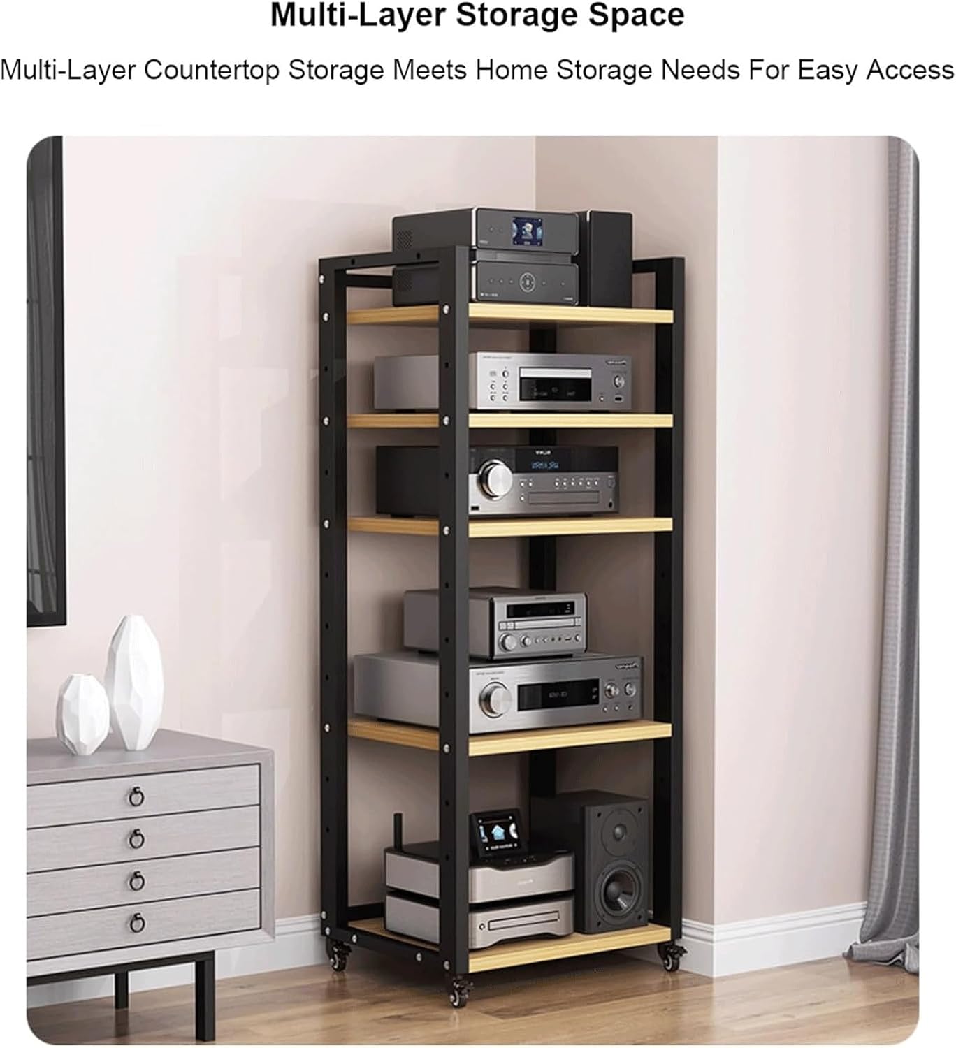 Audio Rack Movable Stereo Rack Adjustable Audio Equipment Rack Audio Open AV Stand Wooden with Wheels HiFi Rack Audio-Video Shelving(Nero,7 Tier)