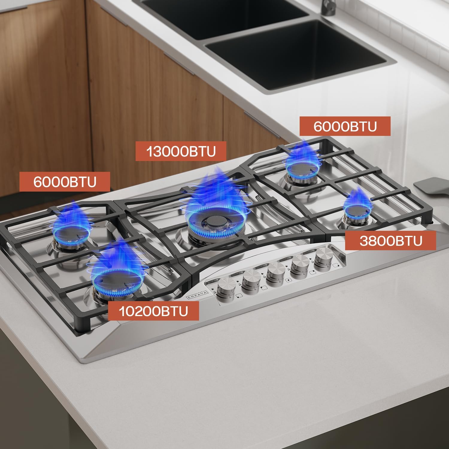 Empava 36 Gas Cooktop with 5 Italy Sabaf Sealed Burners NG/LPG Convertible in Stainless Steel Model 2020, 30 inches