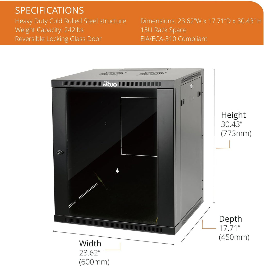 Tecmojo 15U Wall Mount Rack,15U Rack 17.7 Inch Depth,Hold Up to 176 Lbs,Enclosed Wall Mount Rack Kit for 19 Inch Network,Server and AV Gear,Glass Door(Elite Collection)