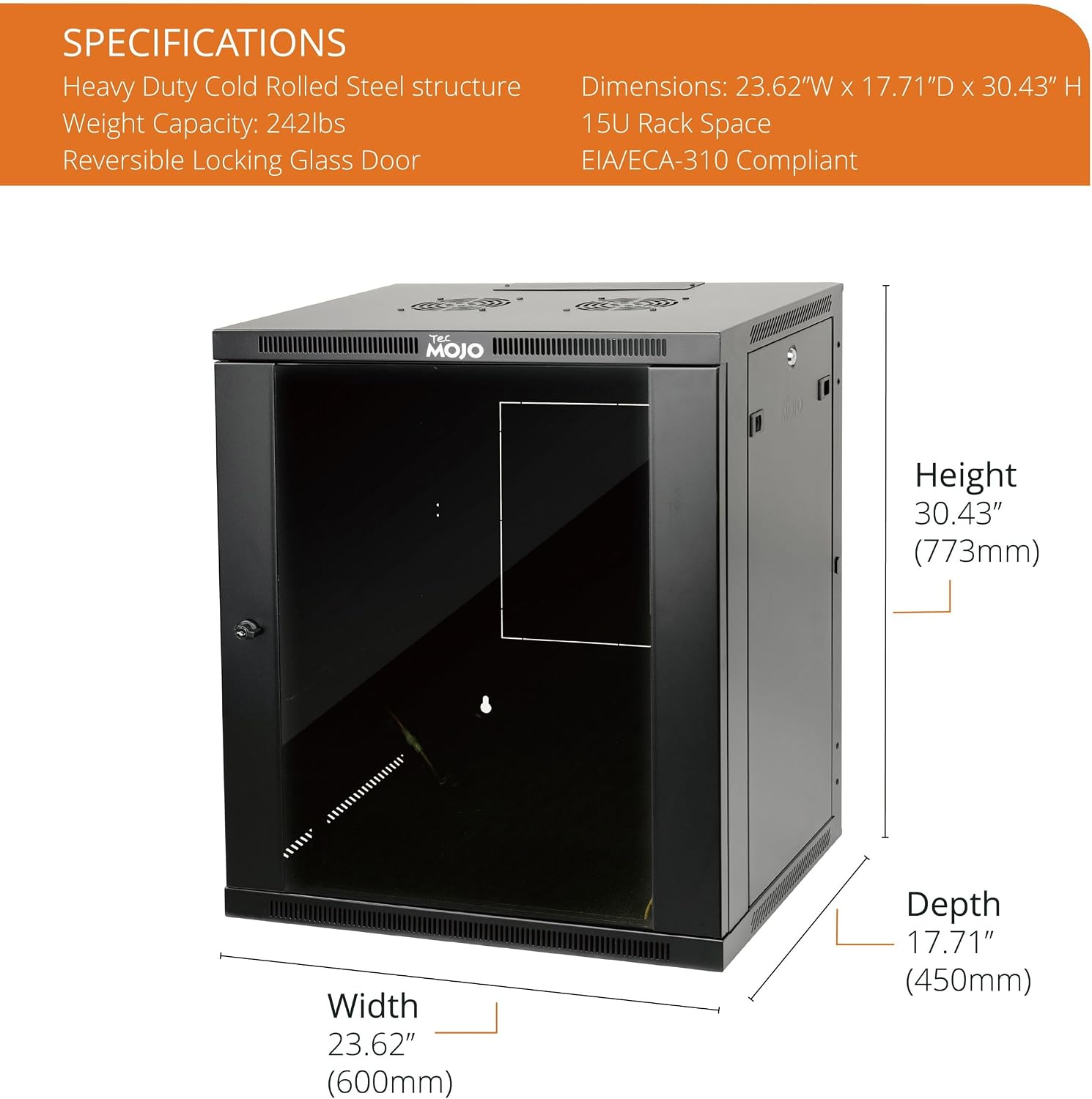 Tecmojo 15U Wall Mount Rack,15U Rack 17.7 Inch Depth,Hold Up to 176 Lbs,Enclosed Wall Mount Rack Kit for 19 Inch Network,Server and AV Gear,Glass Door(Elite Collection)