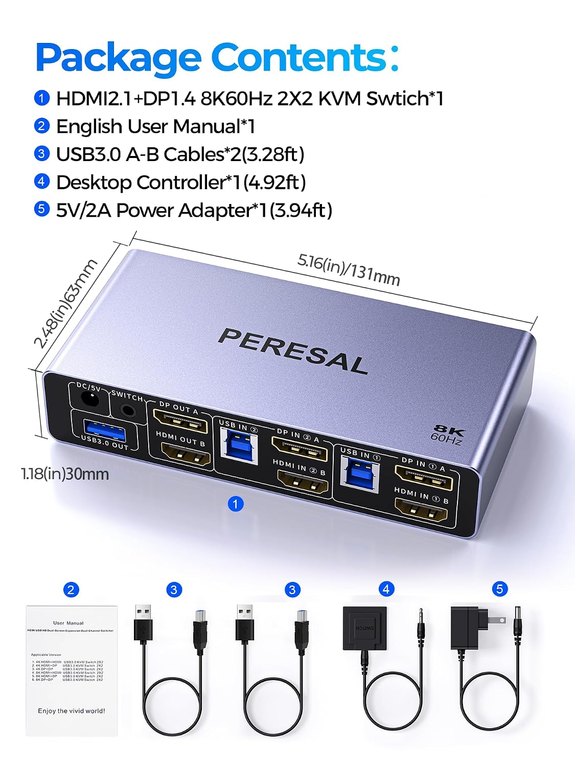 HDMI2.1+DP1.4 KVM Switch 8K60Hz 4K120Hz, 2 Monitors 2 Conputers, Share Mouse and Keyboard, U-Disk, Printer, 3 USB3.0 Ports 1 USB-C/Type-c Port 5Gbps