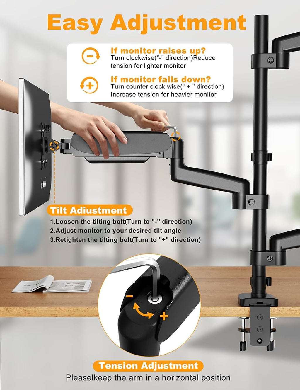 Triple Monitor Mount for 13-32 Inch Screens, Gas Spring Adjustment Triple Monitor Stand Holds 17.6lbs per Arm, Tilt, Swivel, Rotation with Clamp & Grommet Kit, Max VESA 100x100mm FORGIGN Mount