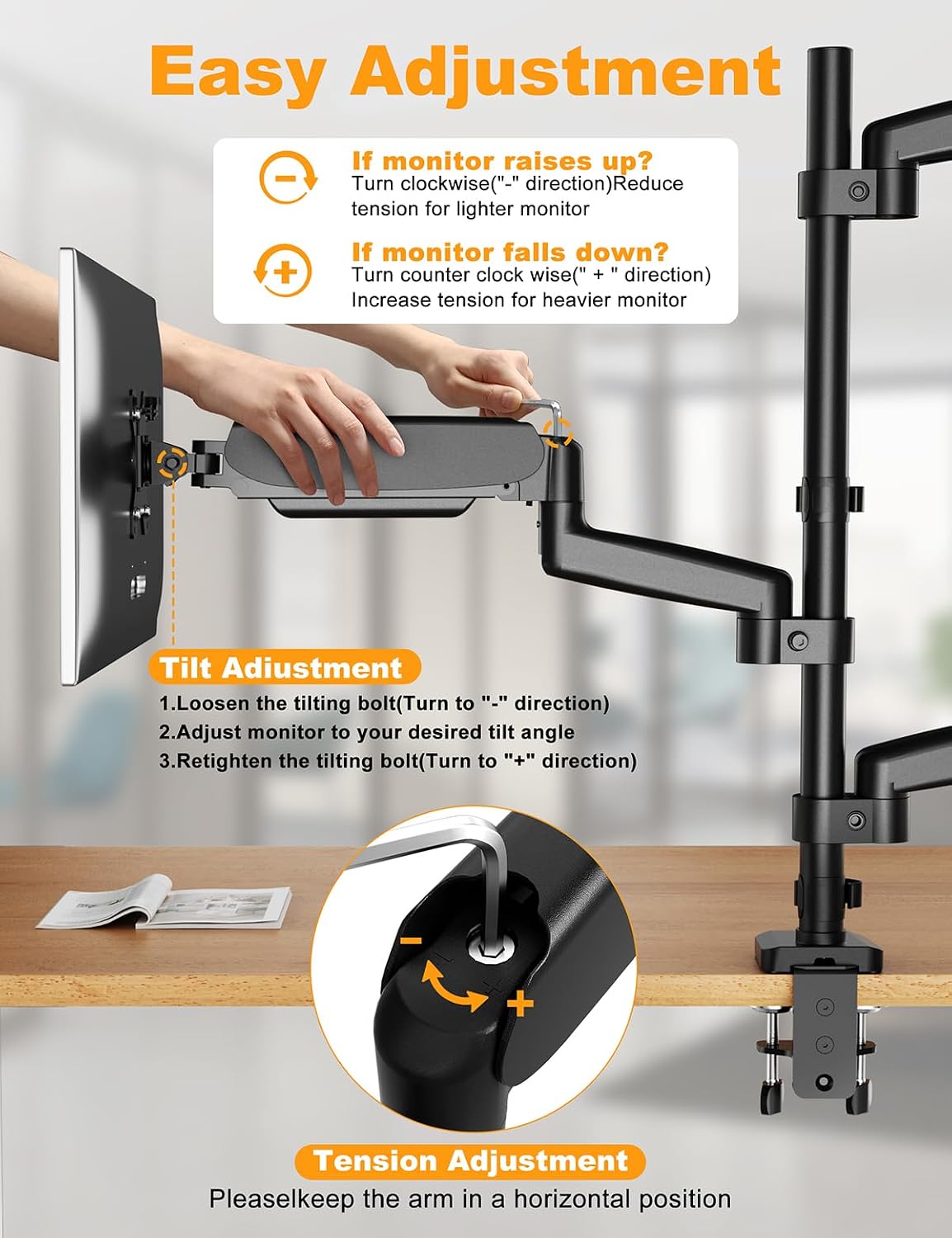 Triple Monitor Mount for 13-32 Inch Screens, Gas Spring Adjustment Triple Monitor Stand Holds 17.6lbs per Arm, Tilt, Swivel, Rotation with Clamp & Grommet Kit, Max VESA 100x100mm FORGIGN Mount