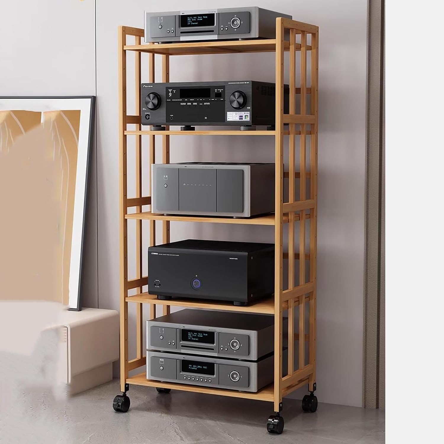 5-Tier Av Component Media Stand Stereo Cabinet Audio-Video Tower, Adjustable Audio Rack Equipment Open Shelf, Cd Players Console Organizer(Natural)