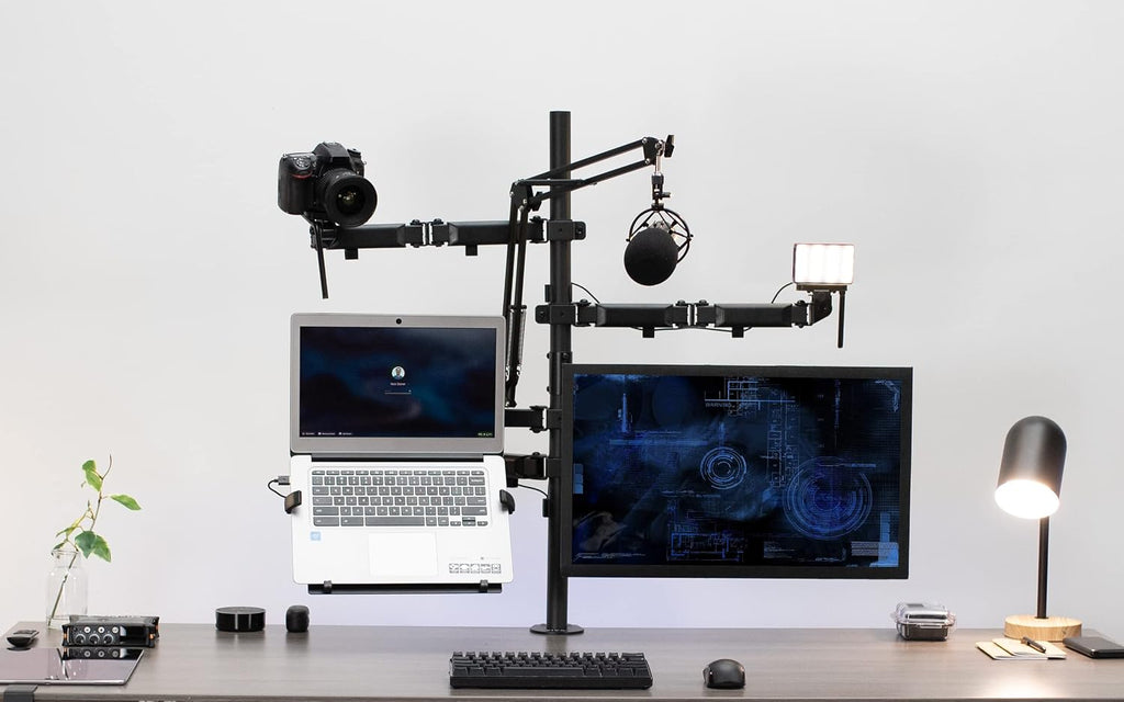 VIVO All-in-One Computer Studio Desk Mount, Mic Boom, Dual Monitor Mount up to 32 inches, Laptop Stand, Livestream Arms Compatible with Cameras, Lighting, Phone/Tablet Adapters, STAND-LIVE2L