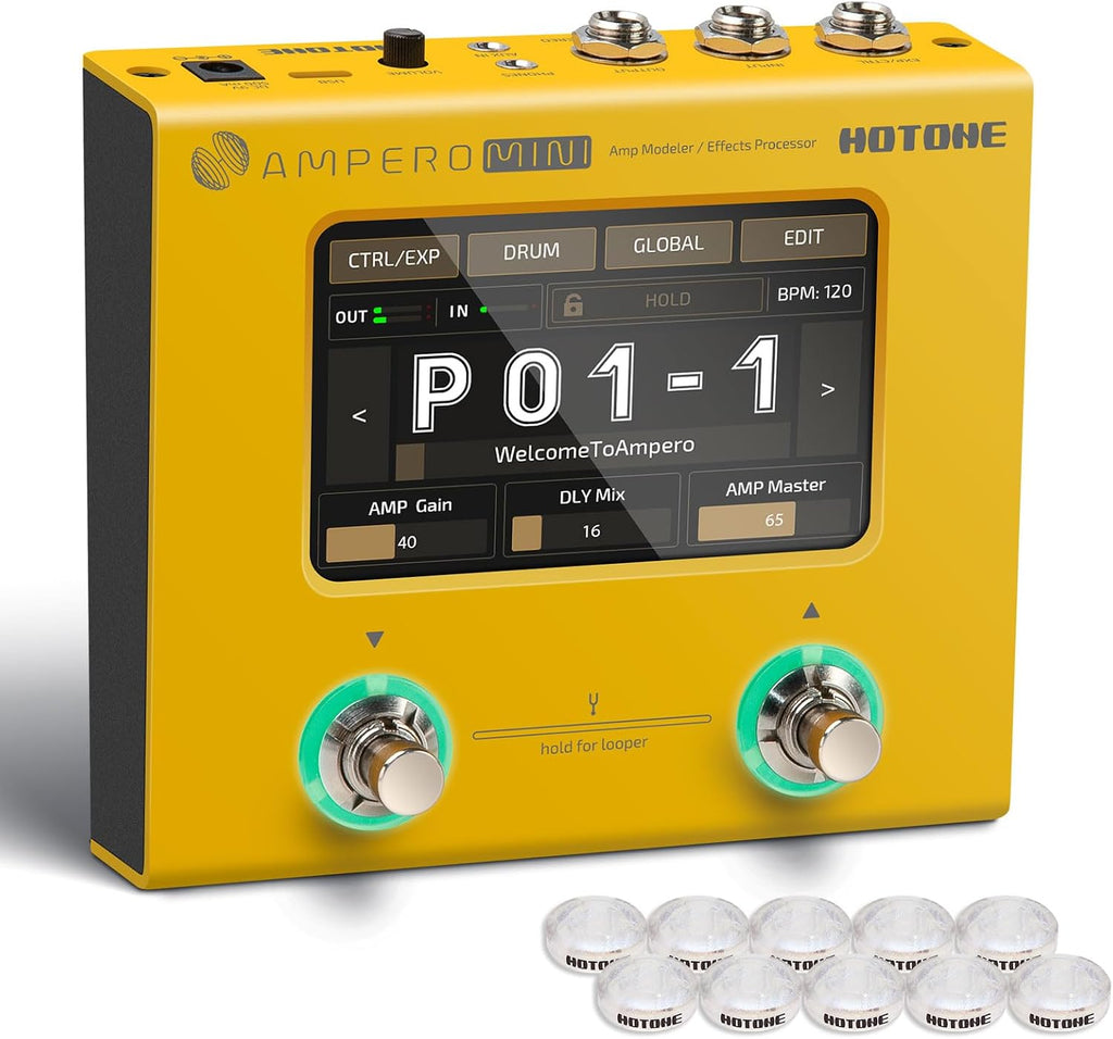HOTONE Multi Effects Processor Pedal Guitar Bass Amp Modeling IR Cabinets Simulation Multi LanguageStereo OTG USB Audio Interface Ampero Mini MP-50 (Include 10 PCS Additional Footswitch Toppers)