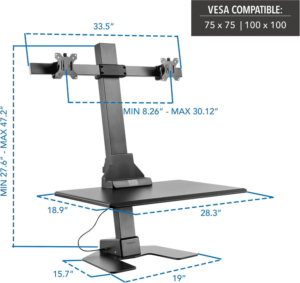 Mount-It! Double Monitor Electric Standing Desk Converter - 2 Screens Stand Up Desk Riser - Height Adjustable Desktop & 2 Mounts for Screens up to 32', Sit-Stand Convertor for Home, Office, School