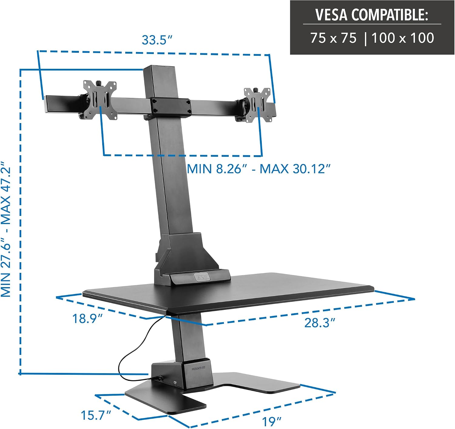 Mount-It! Double Monitor Electric Standing Desk Converter - 2 Screens Stand Up Desk Riser - Height Adjustable Desktop & 2 Mounts for Screens up to 32', Sit-Stand Convertor for Home, Office, School