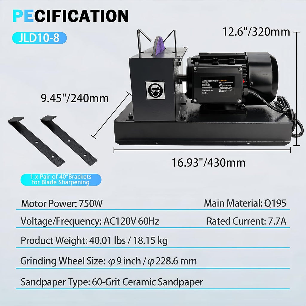 Professional Lawn Mower Blade Grinder | 1HP 750W 9' Ceramic Wheel with Adjustable Angle Bracket for Lawn Mower Blades | High/Low Lift Blades | Gator Blades | Flat Blades,etc