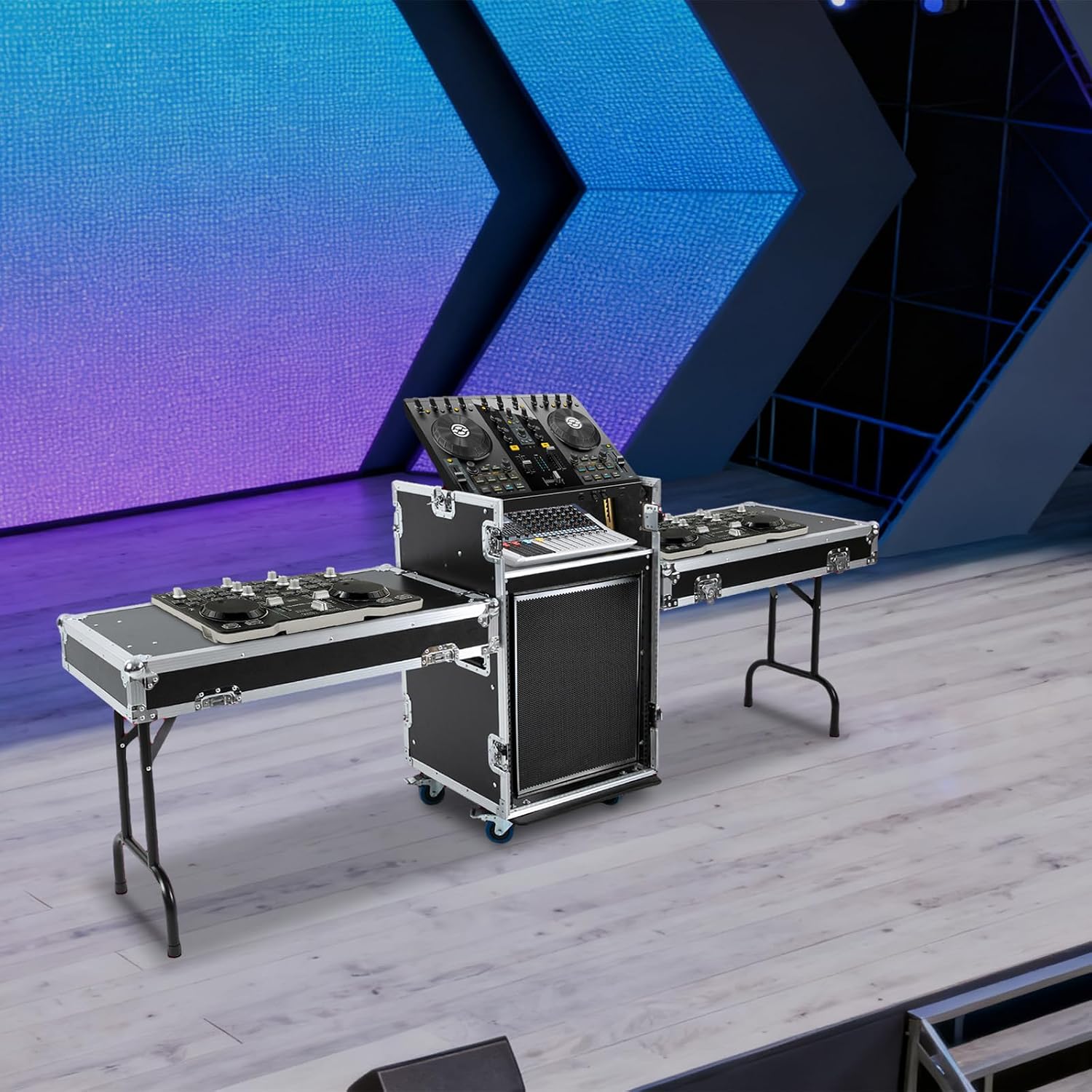 14U PA DJ Rack with 2 DJ Table Tops, 661LBS Recording Studio Racks Audio Equipment Cabinet, Mobile Stereo Rack with 4 Lockable Wheels for Studio/Wedding (14U)
