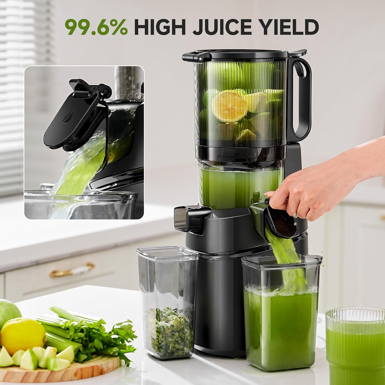 AMZCHEF Cold Press Juicer – 5.8' Wide Mouth Hopper for Whole Recipe Loading, Self Feeding for Hands-Free Operation, Zero Waste Masticating Juicer For More Juice, Less Pulp – Triple Strainers