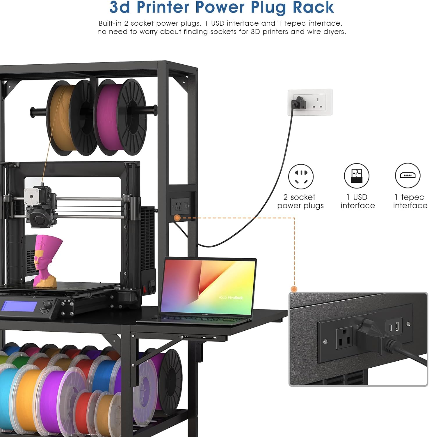 Heavy Duty 3D Printer Stand with Wheels - T-Shaped Filament Storage Rack, 2-Tier Workbench for 3D Printing Studio & Home Office, Supports 200+ LBS, Fits Most 3D Printers, Easy Assembly