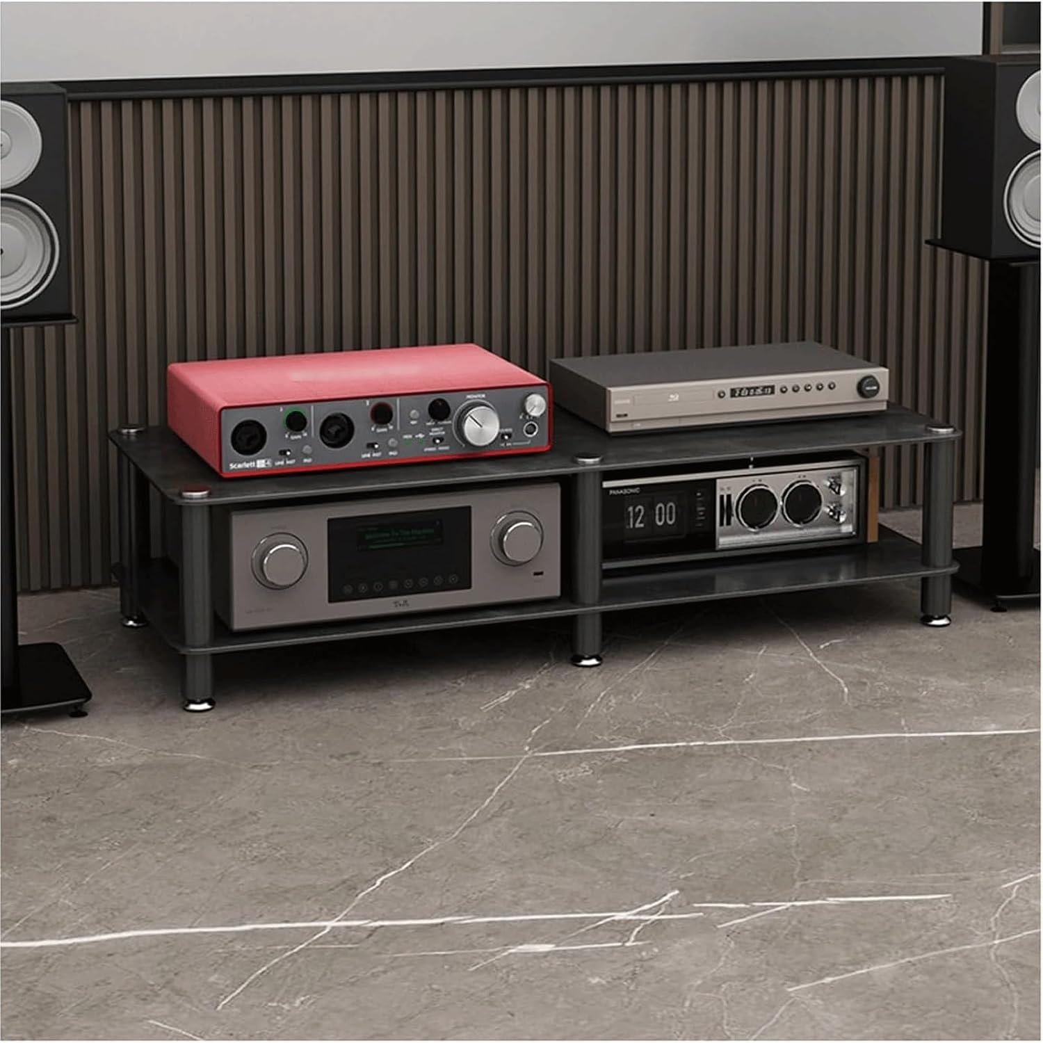 Audio Rack Stereo Rack Audio Equipment Rack Audio Open Rack Cabinet HiFi Rack Audio-Video Shelving with Stone Plate and Carbon Steel(Nero,2 Tier)
