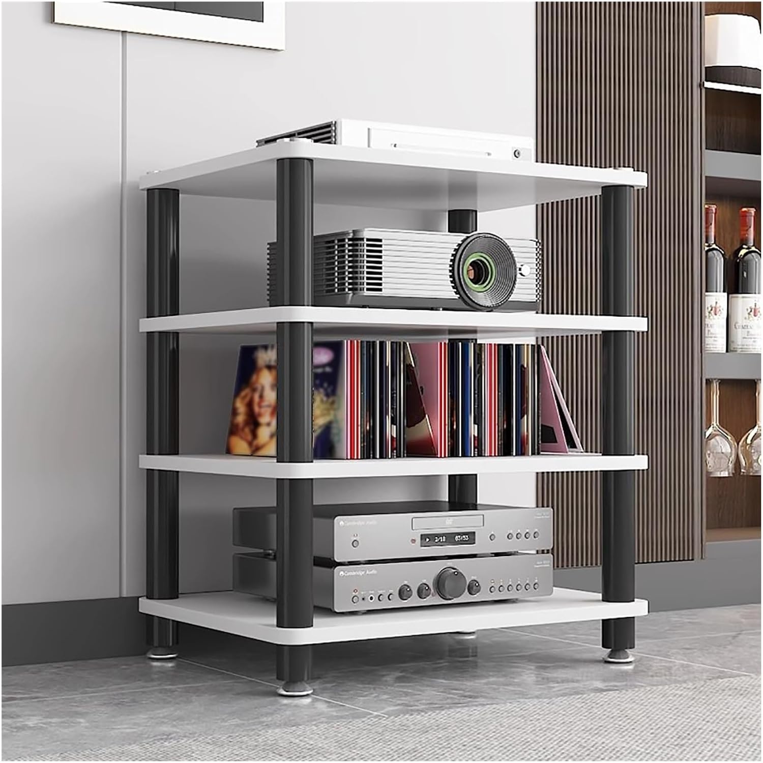 4 Tier Audio Video Equipment Rack Stereo Component Console Stand Media Cabinet, Speaker Amplifier Record Player CD Turntable Receiver Shelves Gaming Devices Electronic Storage U(White-4 Tier)