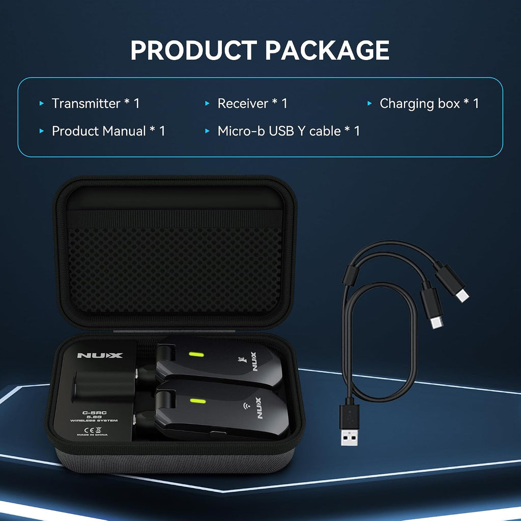NUX C-5RC 5.8GHz Rechargeable Wireless Guitar System | 5.8GHz Auto-Pair, Portable Charging Case, Low Latency, Clear Audio for Electric Guitar, Bass & Ukulele