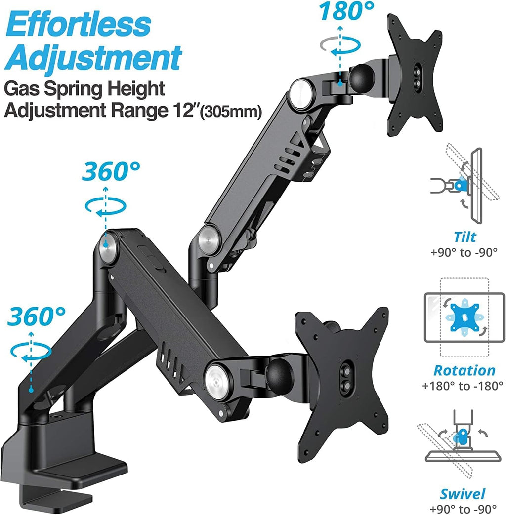 AVLT Dual Monitor Arm 17'-35' | Full Motion Desk Mount for 2 Flat/Curved Screens | Height Adjustable Swivel Tilt Rotation | Heavy-Duty VESA Mount with C-Clamp/Grommet & Cable Management – Black