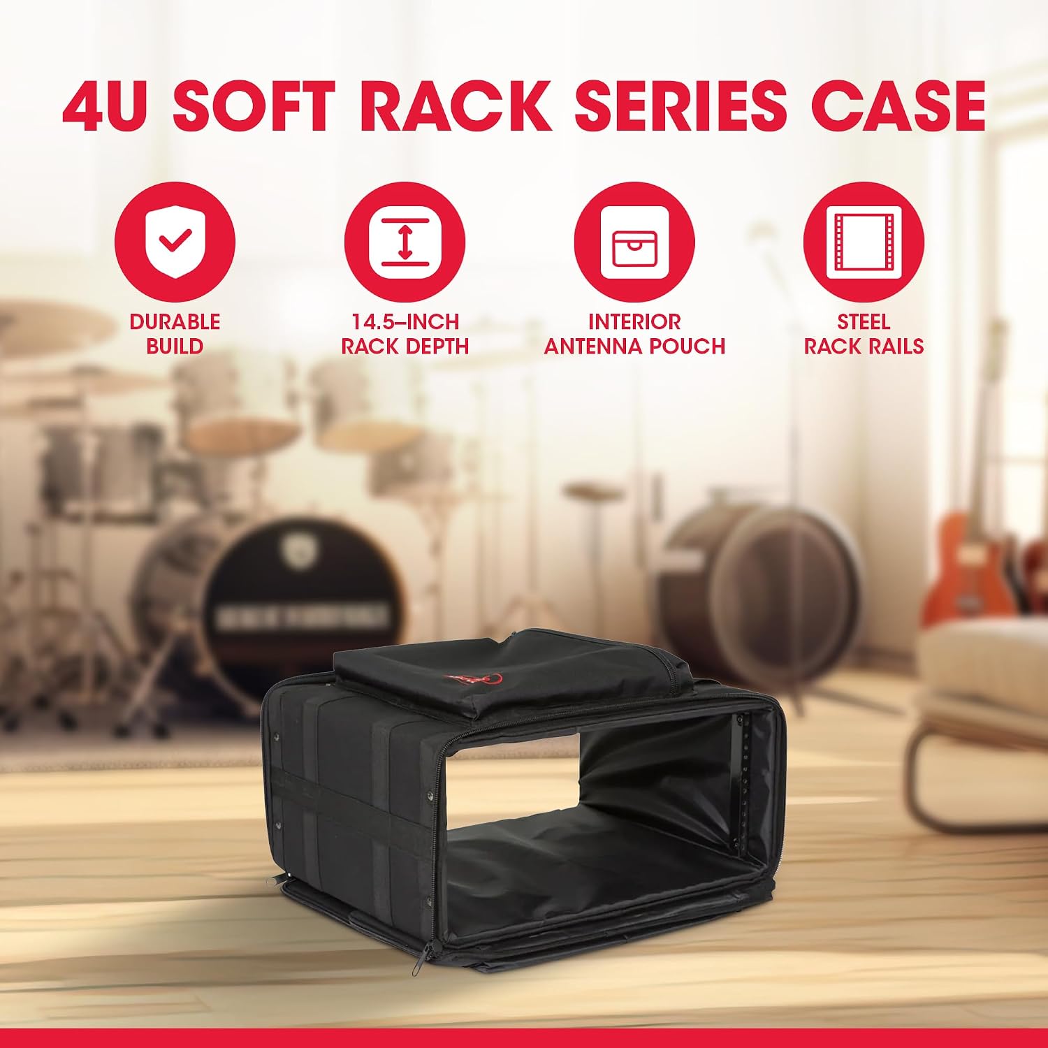 SKB Cases 4U Soft Rack Case for Wireless Microphone Systems with Steel Rails, Heavy Duty Zippers, Outer Pocket and Shoulder Straps, Black