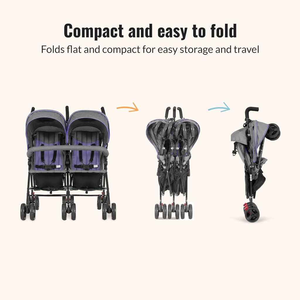 Dream On Me Volgo Twin Baby Stroller, Lightweight Side-by-Side Double Umbrella Stroller with Adjustable Canopy, 5-Point Harness, Storage Basket & Travel-Friendly Fold – Purple