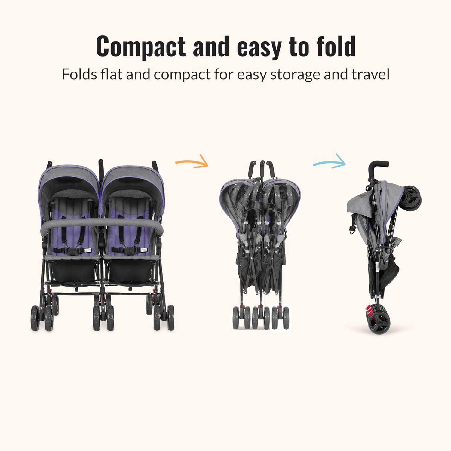 Dream On Me Volgo Twin Baby Stroller, Lightweight Side-by-Side Double Umbrella Stroller with Adjustable Canopy, 5-Point Harness, Storage Basket & Travel-Friendly Fold – Purple