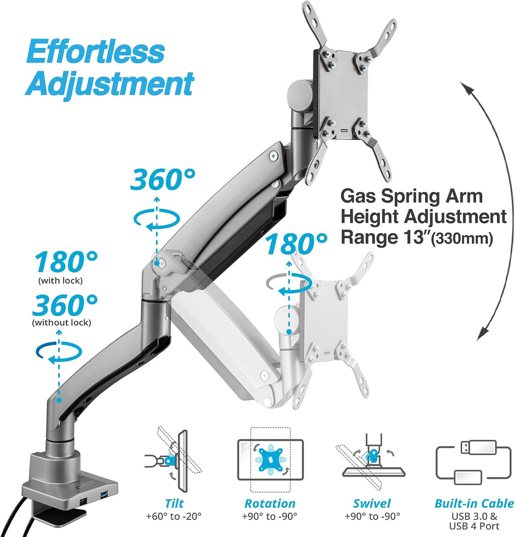 AVLT Single 17'-57' Super Ultrawide Monitor Arm for Screens Up to 59.5 lbs, Premium Aluminum Desk Stand, Adjustable Pneumatic Height, Full Motion Swivel Tilt Rotation, USB-C&A Ports, Gray