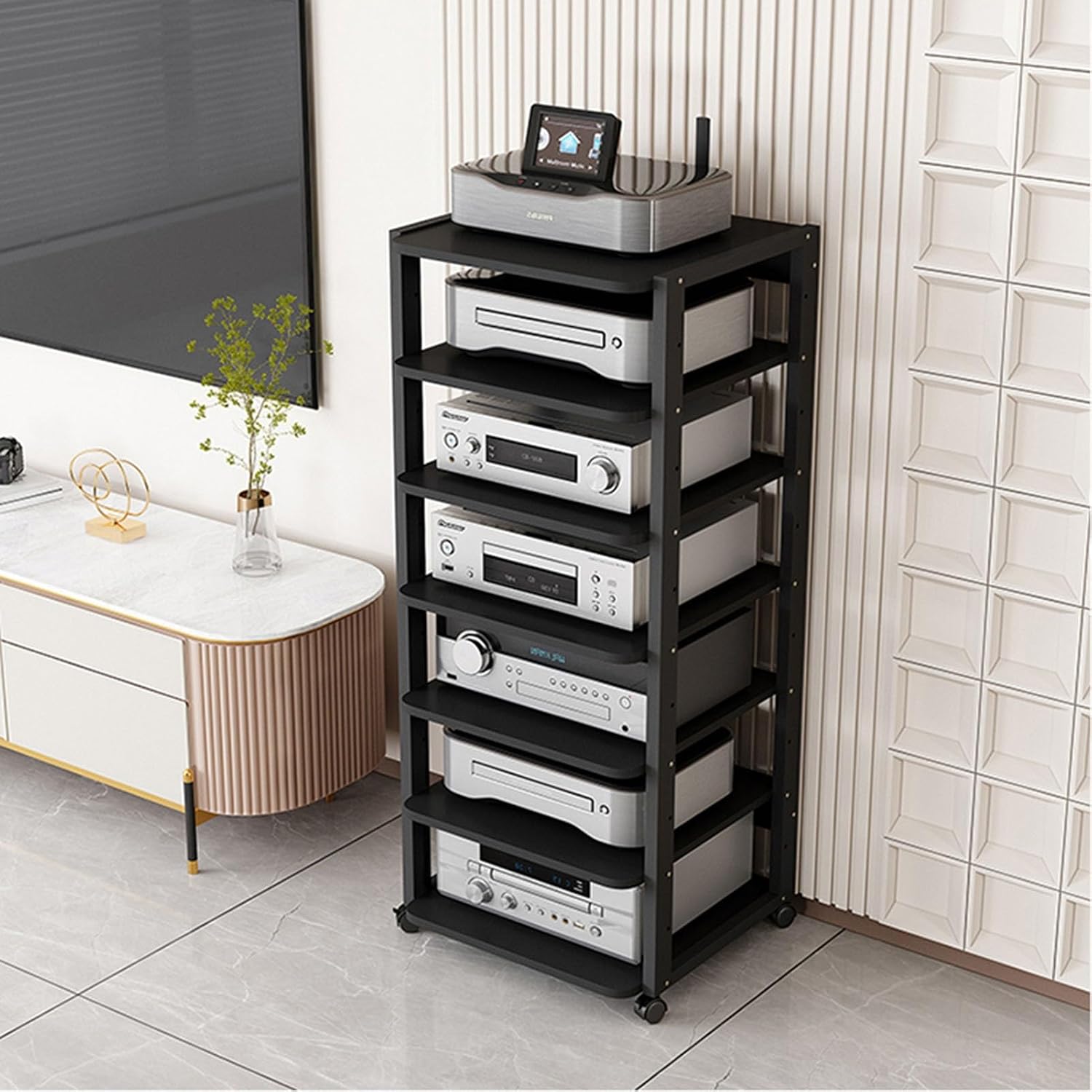 Entertainment Center for TV, Audio Video Components, Stereo Equipment, Gaming Consoles - Media Stand with Open Storage Shelves for Streaming Devices