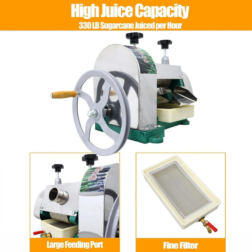 TECHTONGDA Manual Sugar Cane Juice Machine, Stainless Steel Sugarcane Press Juicer, Commercial Ginger Press Extractor with Handwheel & 2 Peeling Knives for Homes Shops