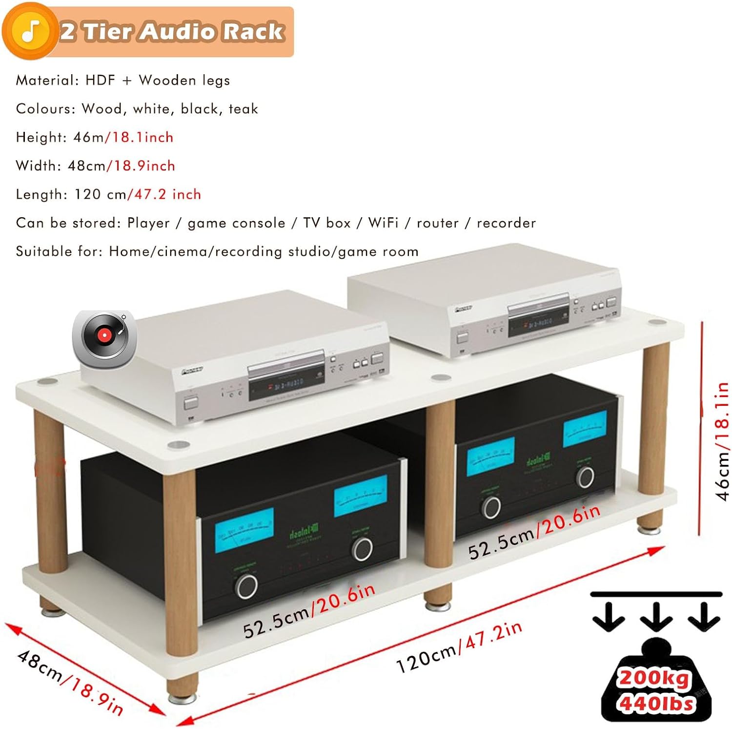 Heavy Duty Double-Wide Amplifier Rack Shelf, 2 3 4 Tier Stereo Stands for HiFi Audio Equipment Dac, Small Entertainment Cabinet - Wood Legs, Corner Entertainment Center(H-46cm/18.1in)