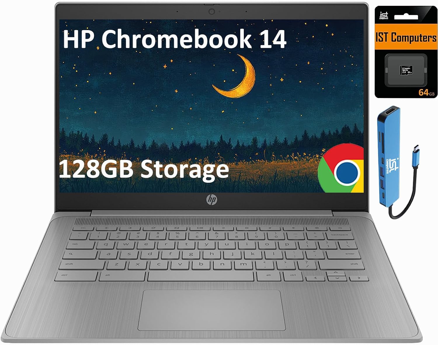 HP Chromebook 14 Laptop (14' HD, Intel 4-Core Celeron N4120, 4GB RAM, 128GB Storage (64GB + 64GB SD)) for Home & Student, Light Weight & 14-Hr Battery Life, Webcam, Wi-Fi, IST HUB, Chrome OS