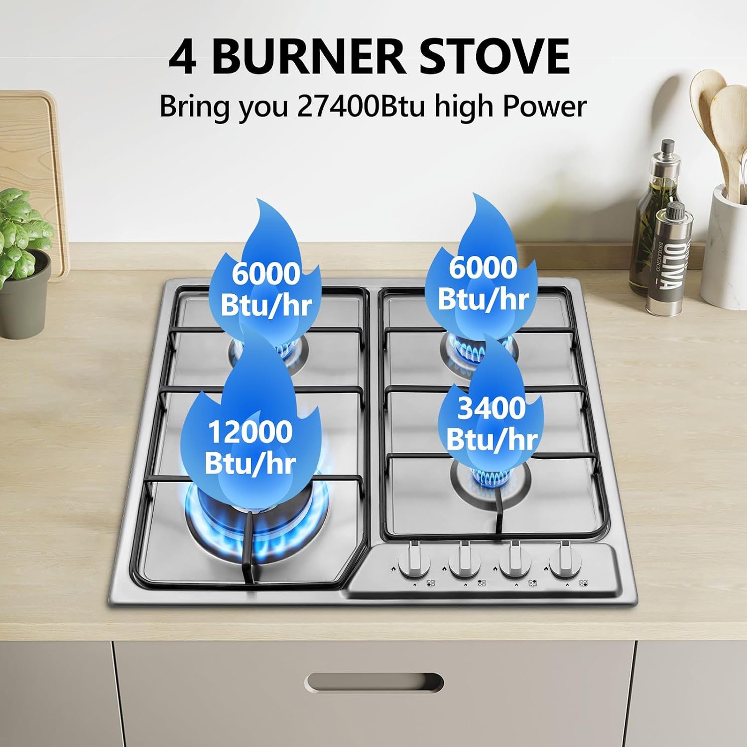 Gas Stove 24 inch, Propane Gas Cooktop Gas Stove 4 Burners for RVs, Motor Homes, NG LPG Convertible Gas Hob